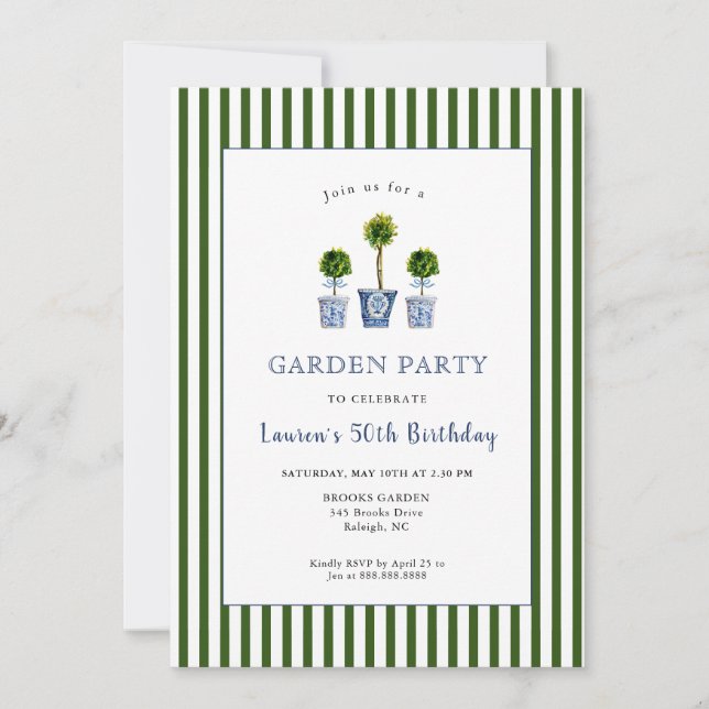 Invitación Fiesta de cumpleaños del jardín de Topiaries (Anverso)
