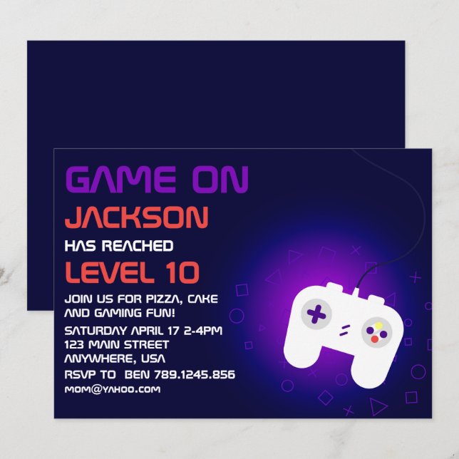Invitación Fiesta de cumpleaños del jugador de nivel de video (Anverso / Reverso)