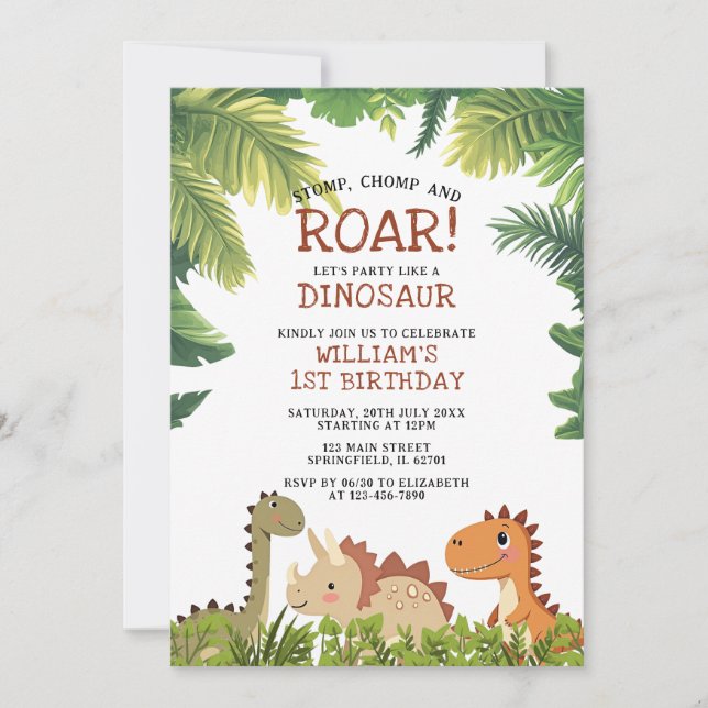 Invitación Fiesta de cumpleaños del jurado de dinosaurio cutá (Anverso)