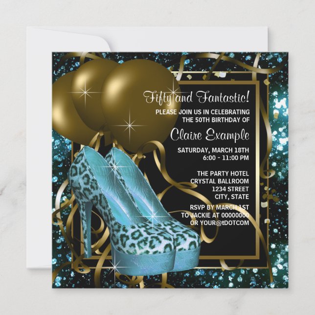 Invitación Fiesta de cumpleaños del leopardo azul y oro verde (Anverso)