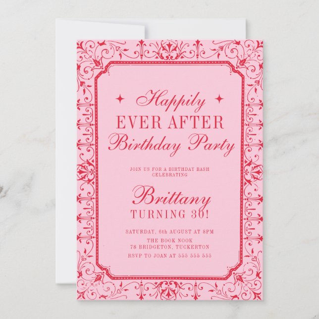 Invitación Fiesta de Cumpleaños del Libro Chic Rosa y Rojo (Anverso)
