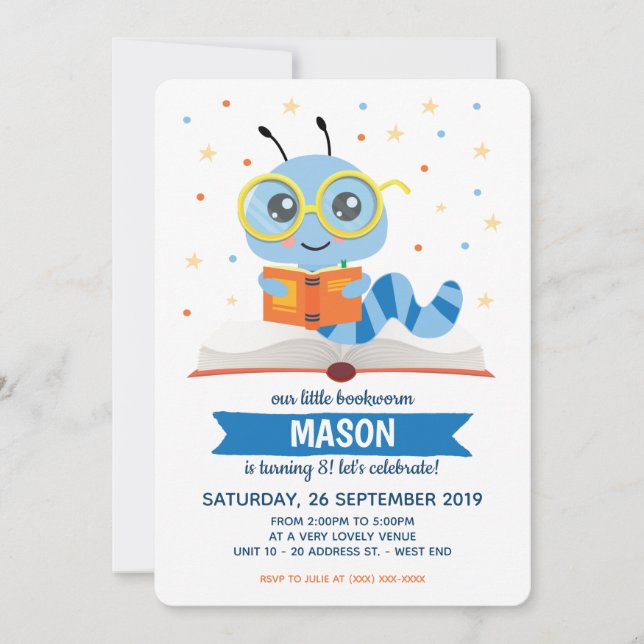 Invitación Fiesta de cumpleaños del libro de la librería azul (Anverso)