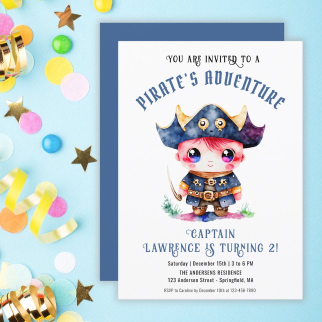 Invitación Fiesta de Cumpleaños del Lindo Pirata Niño Azul (Cute Little Pirate Boy Blue Birthday Party Invitation)