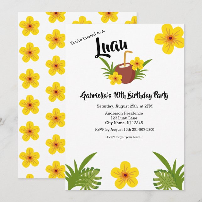 Invitación Fiesta de cumpleaños del luau coco tropical (Anverso / Reverso)
