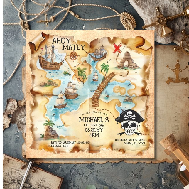 Invitación Fiesta de cumpleaños del mapa del tesoro temático  (Pirate Themed Treasure Map Birthday Party Invitation)