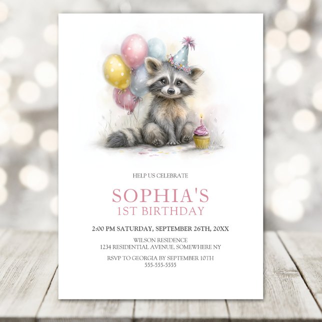 Invitación Fiesta de cumpleaños del mapache lindo 1er (Subido por el creador)