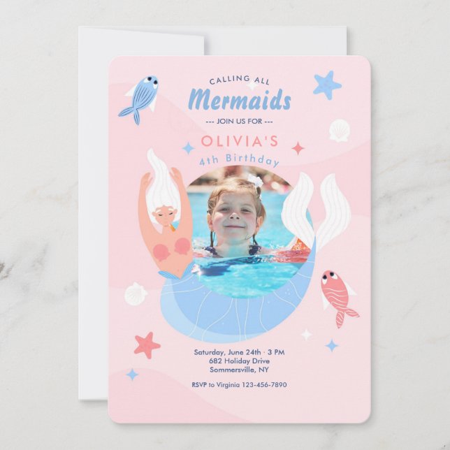 Invitación Fiesta de cumpleaños del marco de la foto de Siren (Anverso)