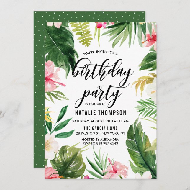 Invitación Fiesta de cumpleaños del marco floral tropical de  (Anverso / Reverso)