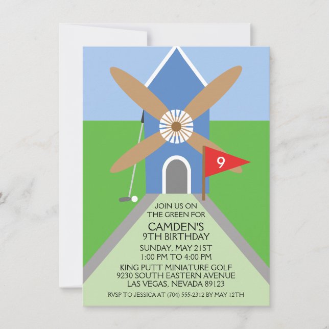Invitación Fiesta de cumpleaños del molino de golf azul en mi (Anverso)