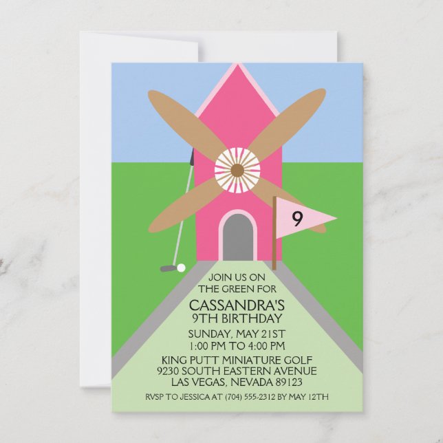 Invitación Fiesta de cumpleaños del molino de golf en miniatu (Anverso)