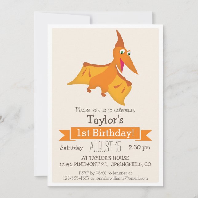 Invitación Fiesta de cumpleaños del naranja Pterodactyl Dinos (Anverso)