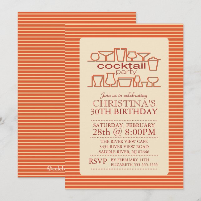 Invitación Fiesta de cumpleaños del Naranja Retro Cocktail (Anverso / Reverso)