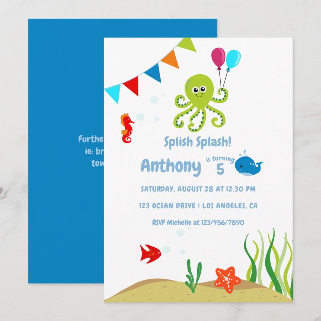 Invitación Fiesta de cumpleaños del niño bajo el mar (Anverso / Reverso)