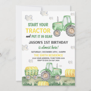 Invitación Fiesta de cumpleaños del niño con tractor verde