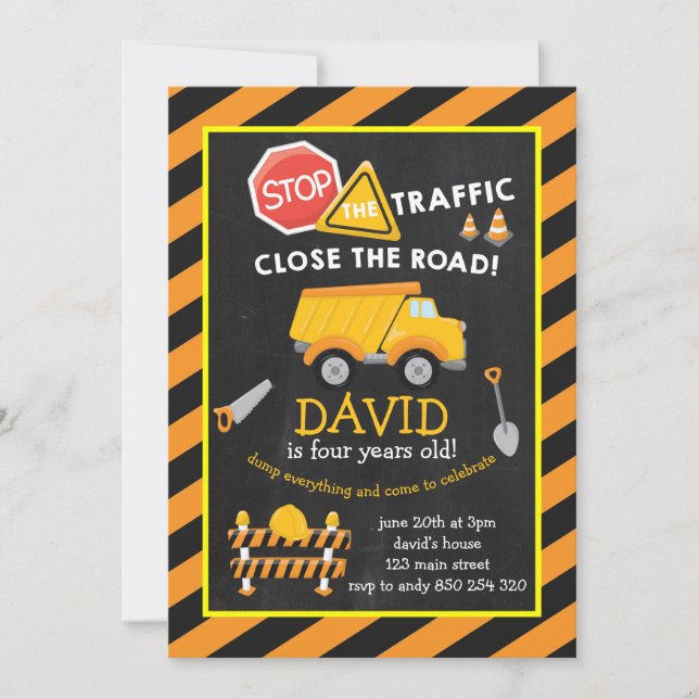 Invitación Fiesta de cumpleaños del niño de la construcción d (Anverso)