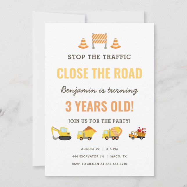 Invitación Fiesta de cumpleaños del niño de los vehículos de  (Anverso)