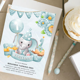 Invitación Fiesta de cumpleaños del niño elefante lindo 1er c