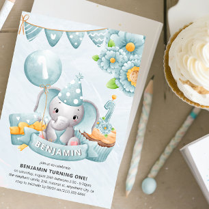 Invitación Fiesta de cumpleaños del niño elefante lindo 1er c