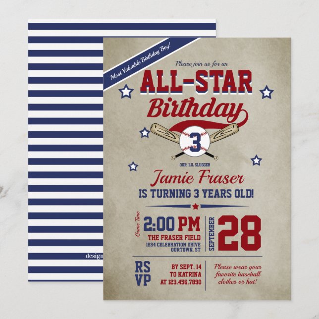 Invitación Fiesta de cumpleaños del niño en el béisbol (Anverso / Reverso)