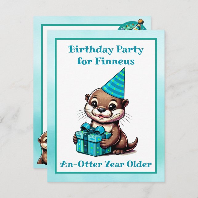 Invitación Fiesta de cumpleaños del niño Otter azul y turques (Anverso / Reverso)