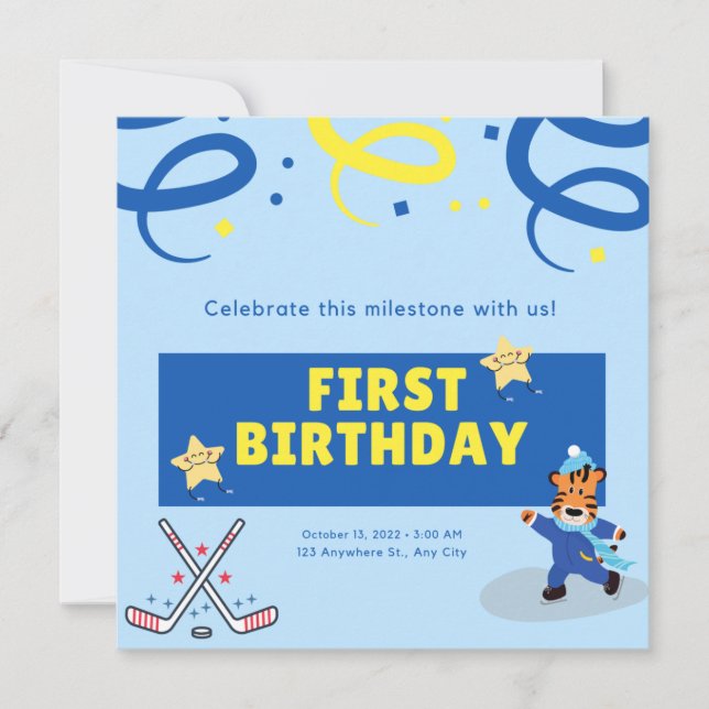 Invitación Fiesta de cumpleaños del niño que patina en hockey (Anverso)