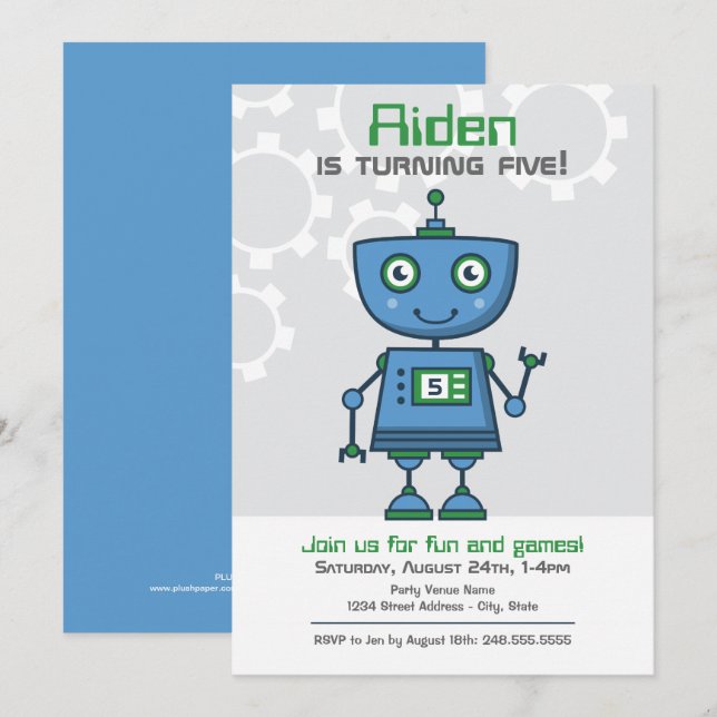 Invitación Fiesta de Cumpleaños del Niño Robot Azul (Anverso / Reverso)