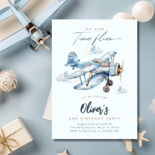 Invitación Fiesta de cumpleaños del niño viajero en avión azu