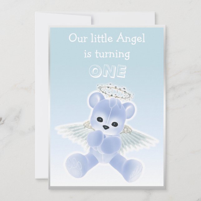 Invitación Fiesta de cumpleaños del oso azul Angel Teddy del  (Anverso)