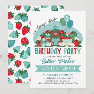 Invitación Fiesta de cumpleaños del Oso Cachorro Fresa Azul 1