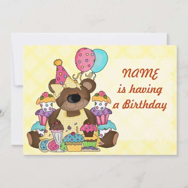 Invitación Fiesta de cumpleaños del oso de peluche (Anverso)