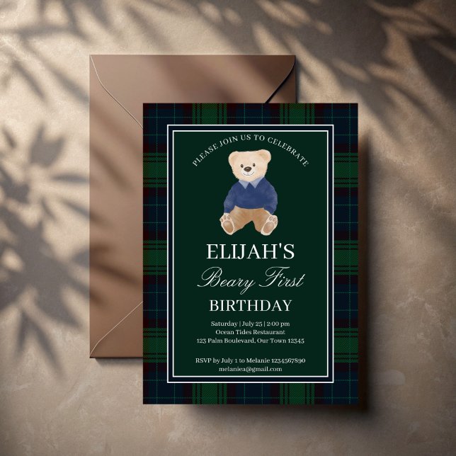 Invitación Fiesta de cumpleaños del oso de peluche verde (Green plaid polo teddy bear birthday party invitation cards template cute teddy elegant invites)
