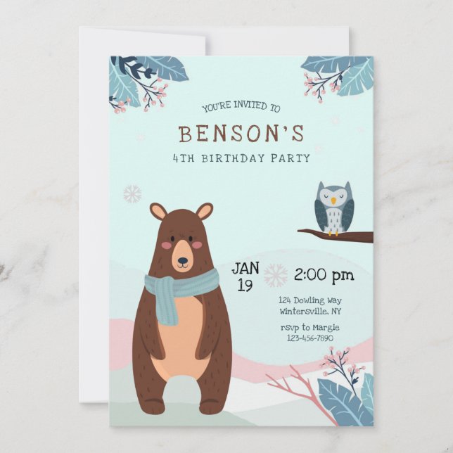 Invitación Fiesta de cumpleaños del oso marrón de invierno (Anverso)