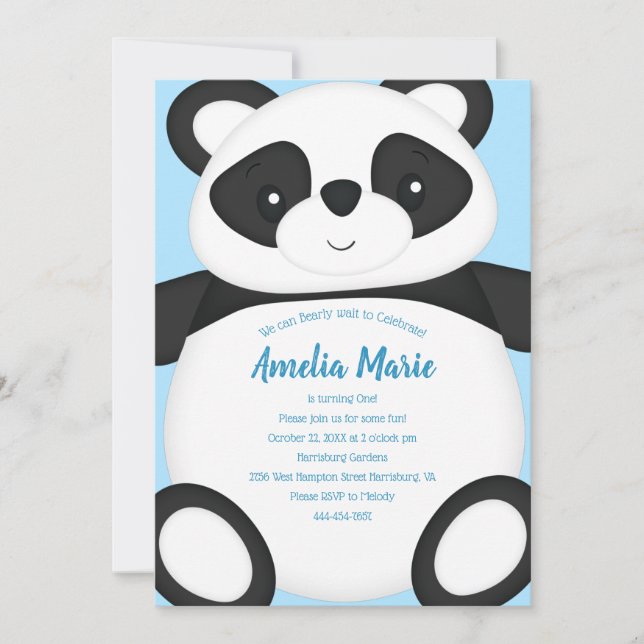 Invitación Fiesta de cumpleaños del oso Panda Azul (Anverso)
