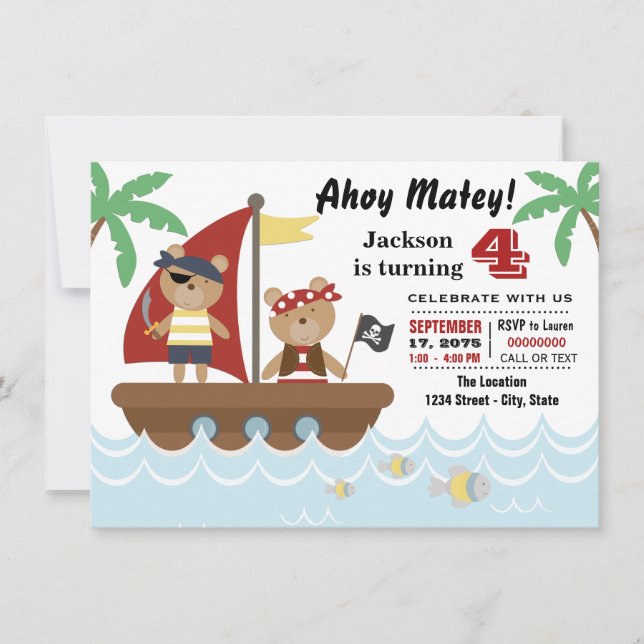 Invitación Fiesta de cumpleaños del oso pirata para niños (Anverso)