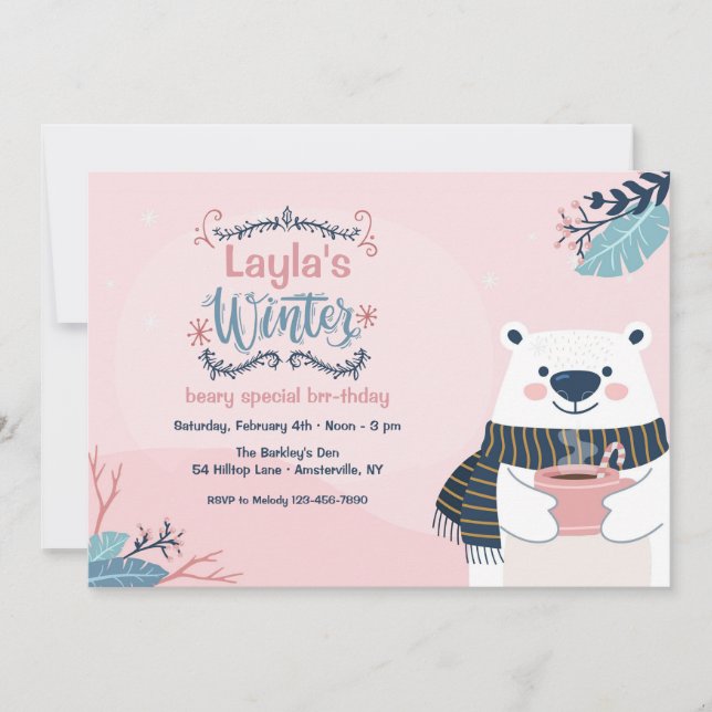 Invitación Fiesta de cumpleaños del oso polar de invierno (Anverso)