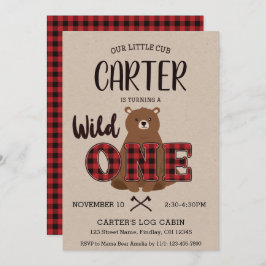 Invitación Fiesta de cumpleaños del oso salvaje One Plaid