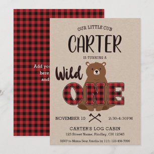 Invitación Fiesta de cumpleaños del oso salvaje One Plaid