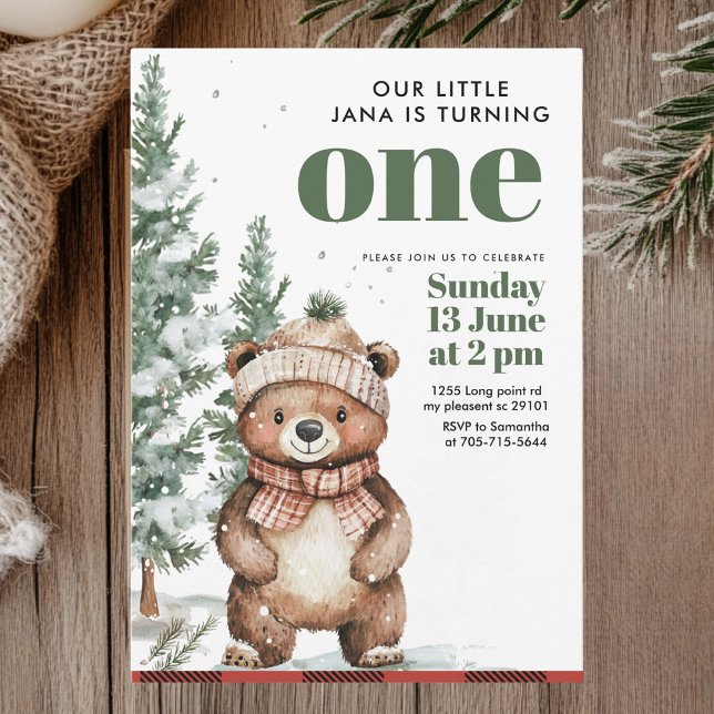 Invitación Fiesta de cumpleaños del oso verde de invierno | W (Subido por el creador)