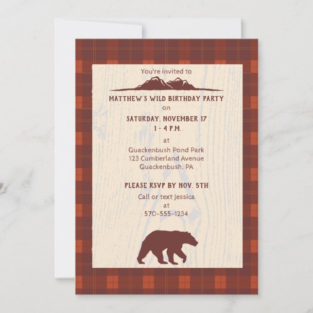 Invitación Fiesta de cumpleaños del Oso y la Montaña Rustic (Anverso)