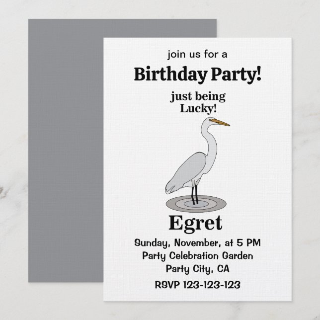 Invitación Fiesta de Cumpleaños del Pájaro Afortunado Garza (Anverso / Reverso)