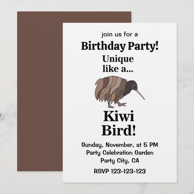 Invitación Fiesta de Cumpleaños del Pájaro Kiwi (Anverso / Reverso)