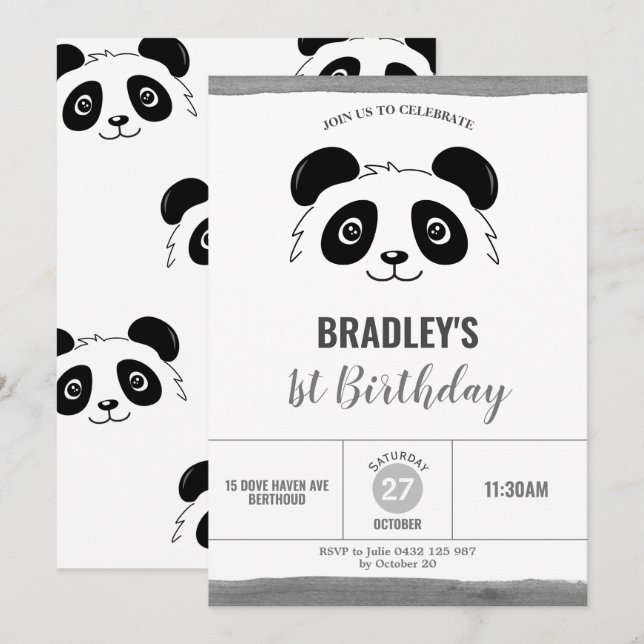 Invitación Fiesta de cumpleaños del Panda blanco y negro (Anverso / Reverso)