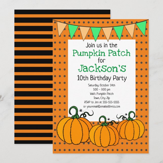 Invitación Fiesta de cumpleaños del parche de calabaza (Anverso / Reverso)
