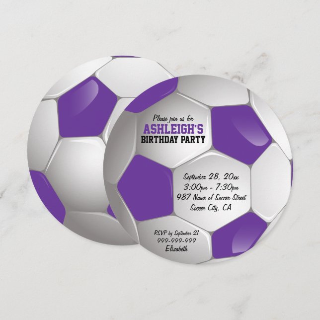 Invitación Fiesta de cumpleaños del partido de fútbol morado  (Anverso / Reverso)