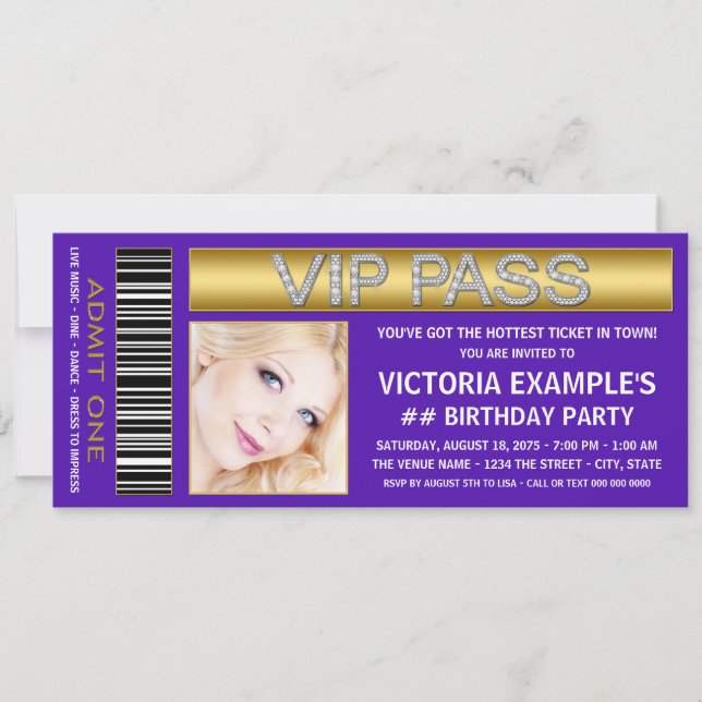 Invitación Fiesta de cumpleaños del Pase VIP Purple (Anverso)