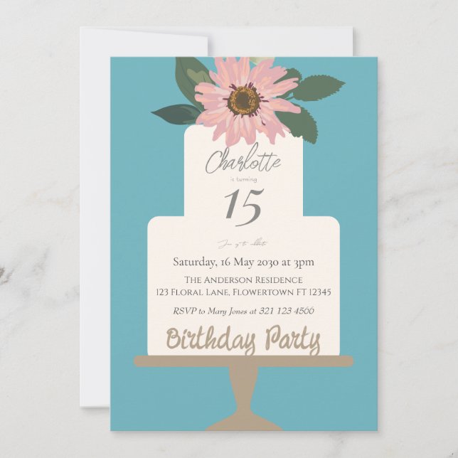 Invitación Fiesta de cumpleaños del pastel de flores rosadas (Anverso)