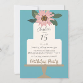 Invitación Fiesta de cumpleaños del pastel de flores rosadas