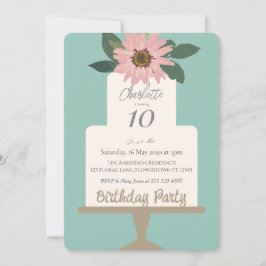 Invitación Fiesta de cumpleaños del pastel de flores rosadas