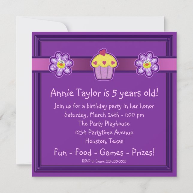 Invitación Fiesta de cumpleaños del pastel morado para chicas (Anverso)