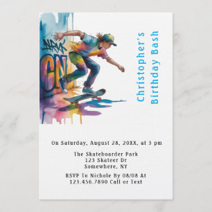 Invitación Fiesta de cumpleaños del patinador con grafitis co